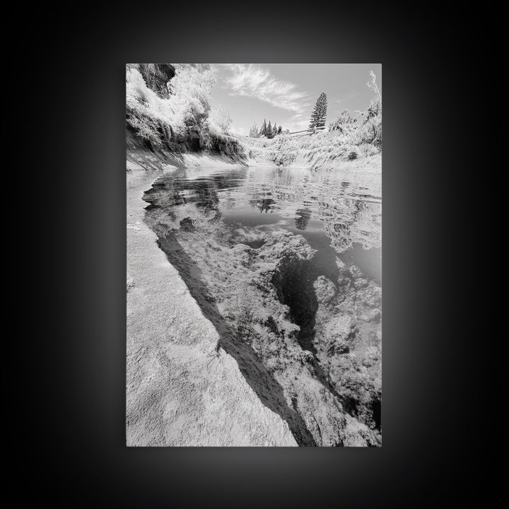 Reflective Riverbed, Nature Tranquility, Monochrome Landscape, Canvas Print, Bathroom Wall Art, Zen Decor, Fine Art Photography