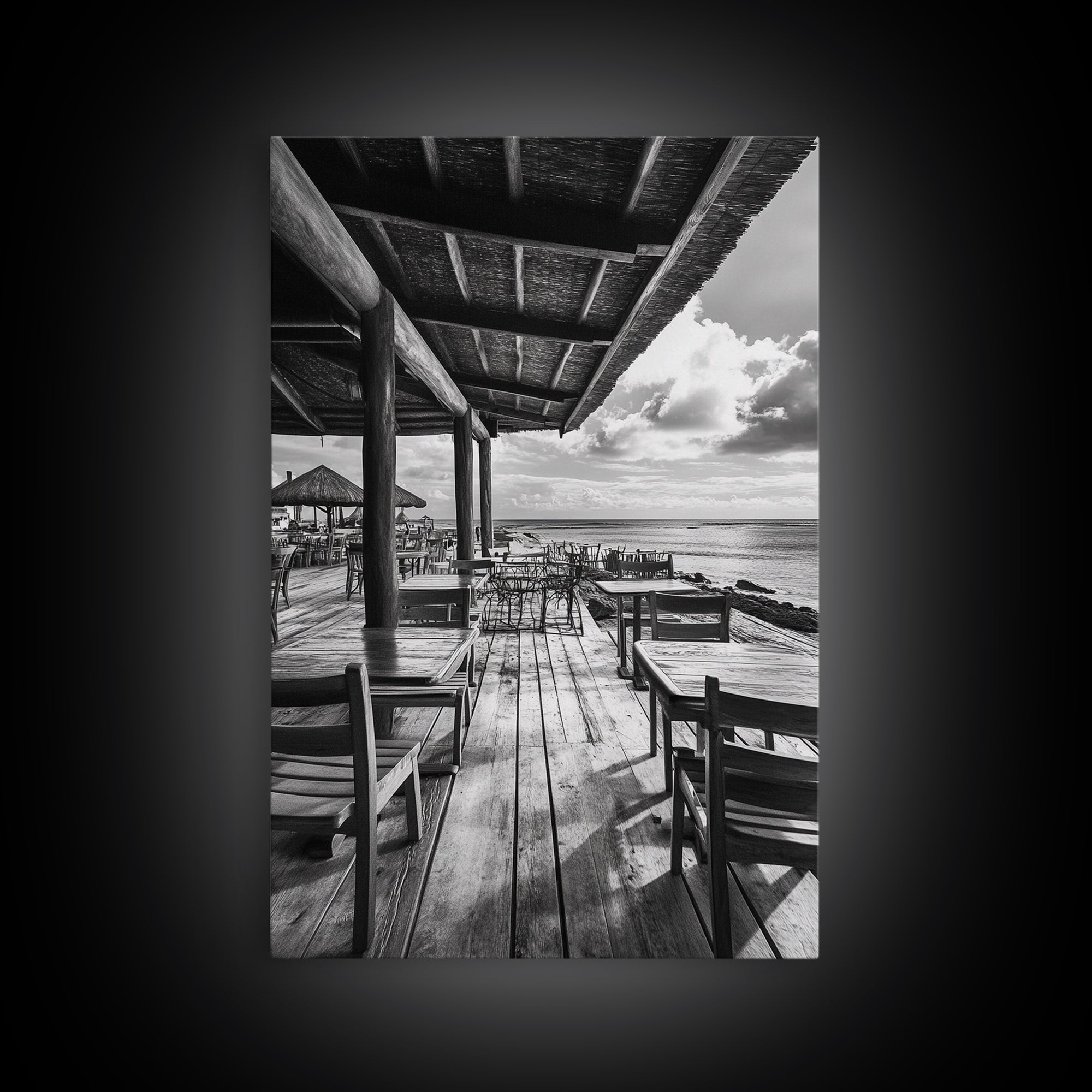 Seaside Café, Coastal Patio, Ocean View, Canvas Print, Rustic Kitchen Wall Art, Tropical Dining Decor, Travel Lifestyle Art