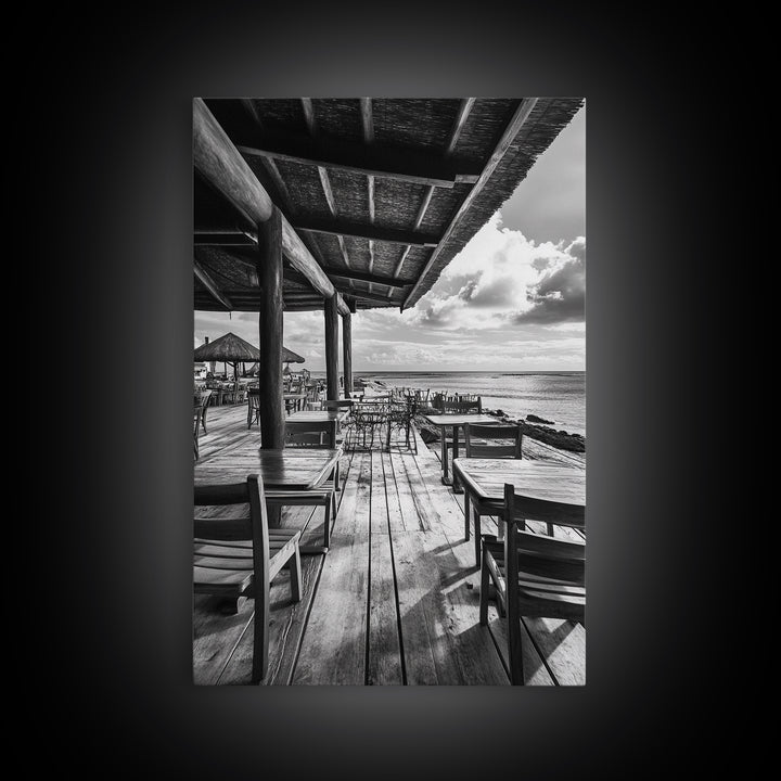 Seaside Café, Coastal Patio, Ocean View, Canvas Print, Rustic Kitchen Wall Art, Tropical Dining Decor, Travel Lifestyle Art