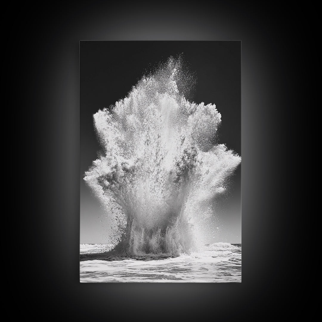 Ocean Splash, Water Explosion, Sea Power, Canvas Print, Bathroom Wall Art, Black and White Abstract Art, Coastal Modern Decor