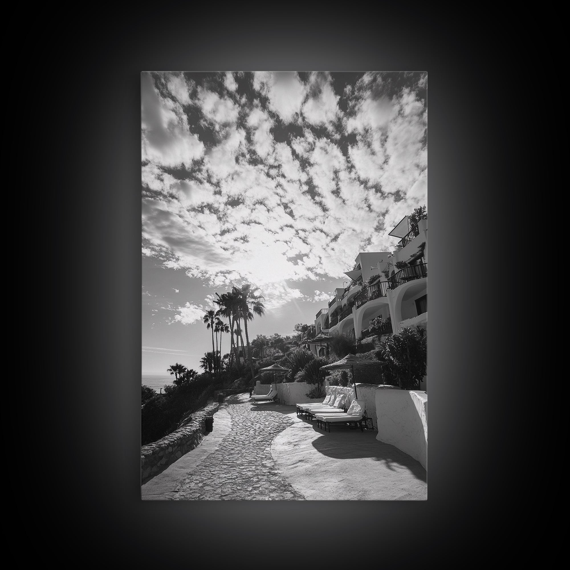 Mediterranean Villa, Palm Tree Art, Coastal Pathway, Framed Canvas Print, Living Room Decor, Summer Wall Art, Black and White Photography