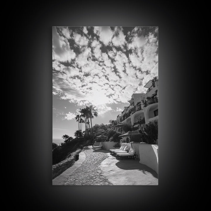 Mediterranean Villa, Palm Tree Art, Coastal Pathway, Framed Canvas Print, Living Room Decor, Summer Wall Art, Black and White Photography