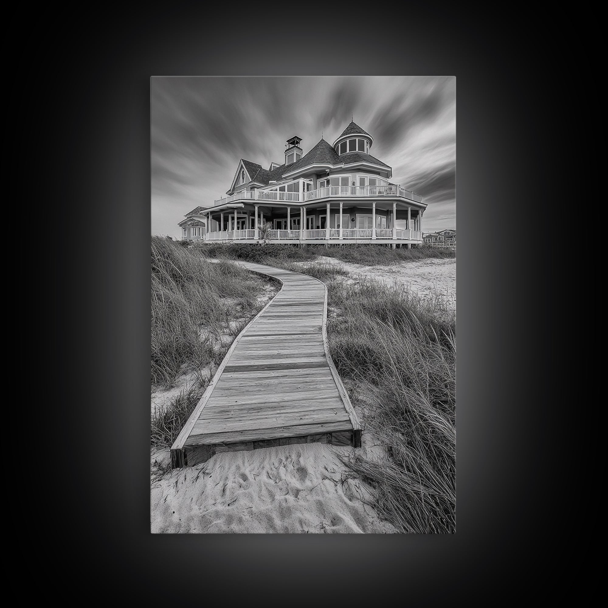 Beach House, Boardwalk Path, Coastal Architecture, Framed Canvas Print, Hallway Wall Art, Neutral Tones, Minimalist Coastal Style