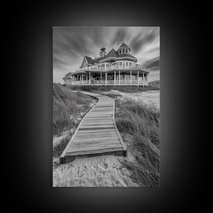 Beach House, Boardwalk Path, Coastal Architecture, Framed Canvas Print, Hallway Wall Art, Neutral Tones, Minimalist Coastal Style