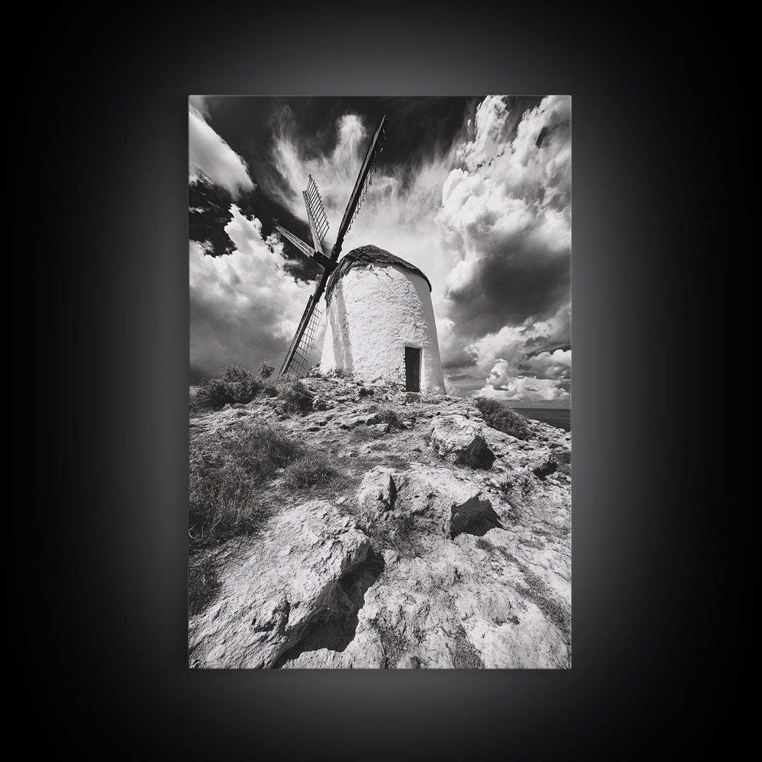 Windmill Hill, Dramatic Sky Art, European Landscape, Framed Canvas Print, Entryway Wall Art, Rustic Decor, Monochrome Photography