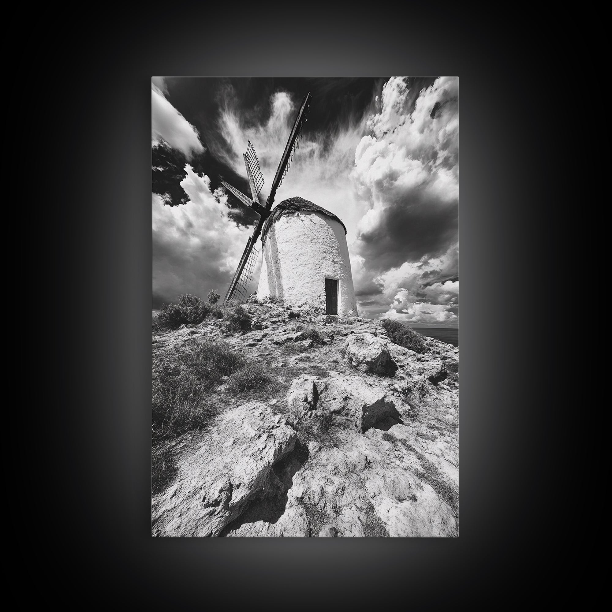 Windmill Hill, Dramatic Sky Art, European Landscape, Framed Canvas Print, Entryway Wall Art, Rustic Decor, Monochrome Photography