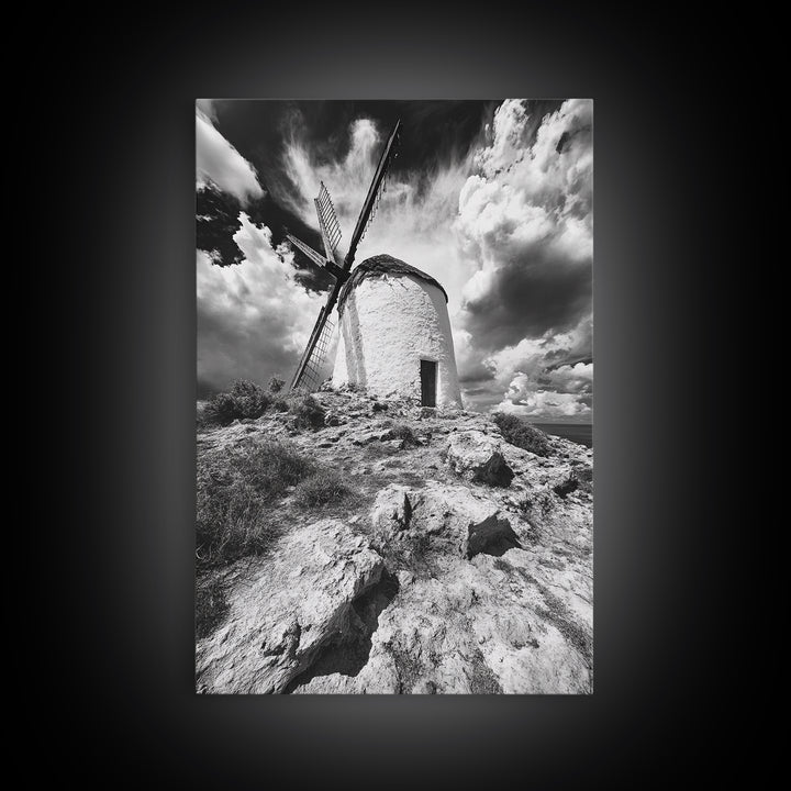 Windmill Hill, Dramatic Sky Art, European Landscape, Framed Canvas Print, Entryway Wall Art, Rustic Decor, Monochrome Photography