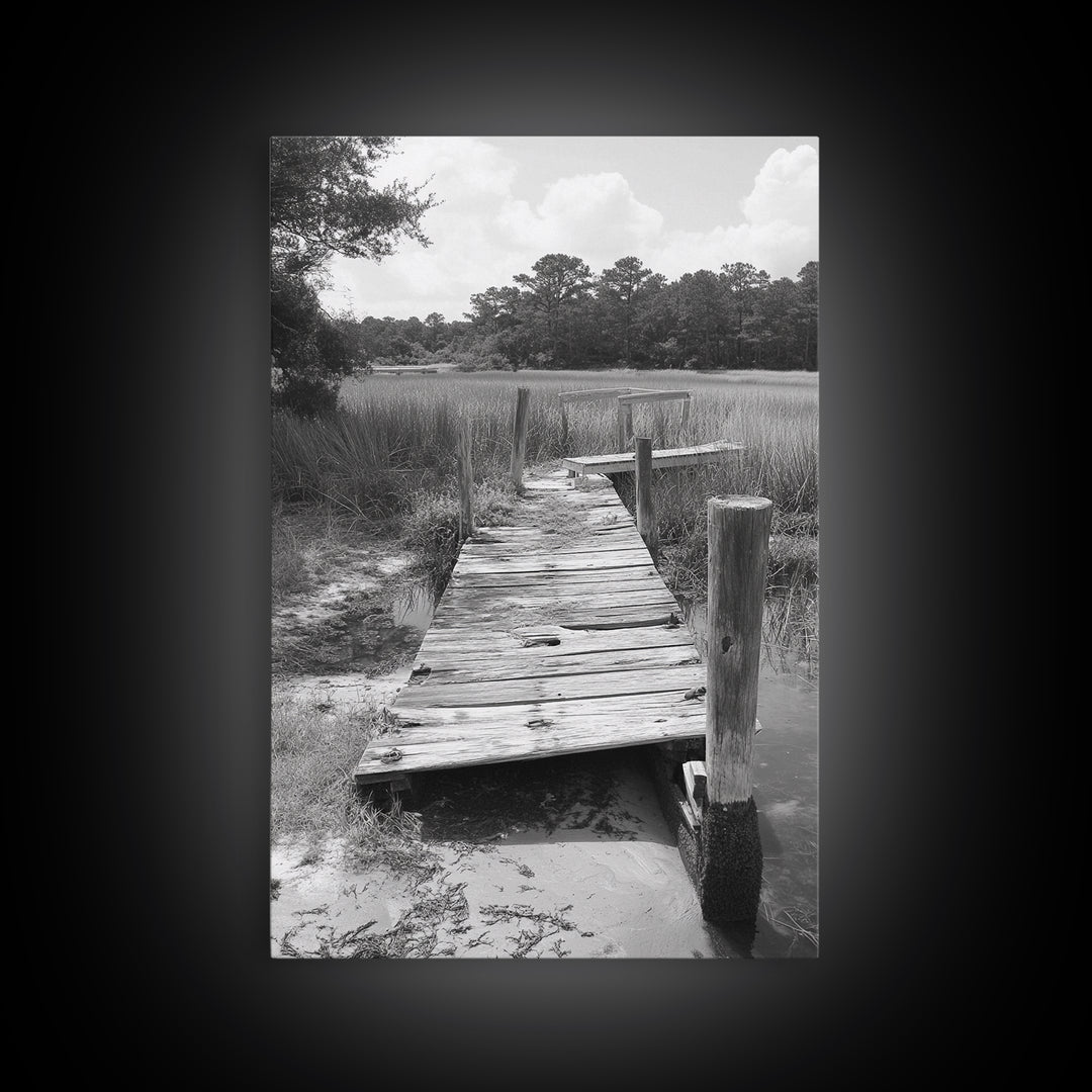Marsh Dock, Southern Nature, Weathered Pier, Framed Canvas Print, Guest Room Wall Art, Rural Landscape, Fall Wall Art, Country Style