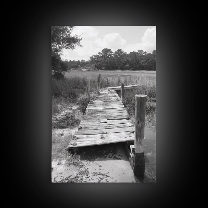 Marsh Dock, Southern Nature, Weathered Pier, Framed Canvas Print, Guest Room Wall Art, Rural Landscape, Fall Wall Art, Country Style