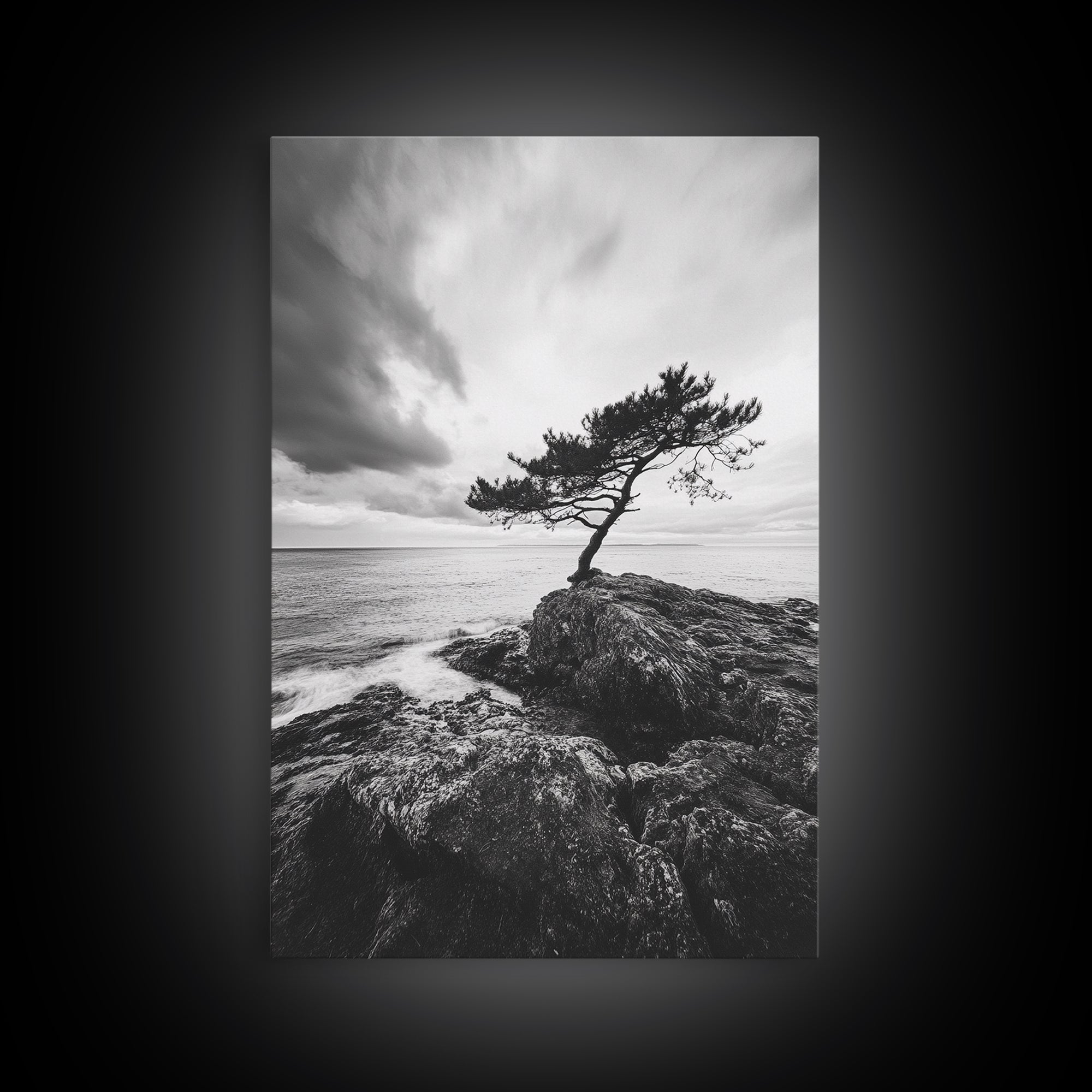 Lone Tree, Cliffside Ocean, Windy Coast Art, Framed Canvas Print, Bedroom Wall Art, Modern Nature Photography, Coastal Minimalist Decor