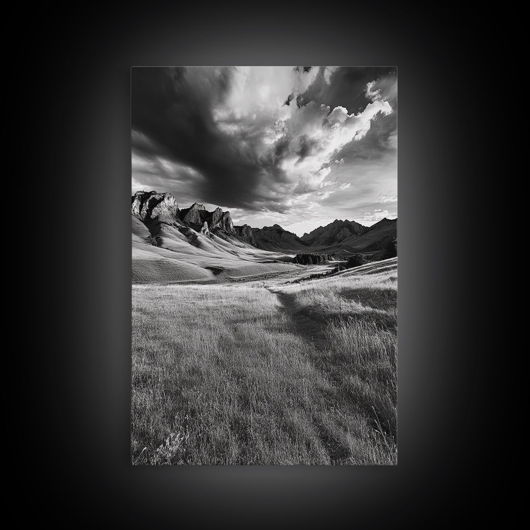 Mountain Valley, Stormy Sky, Western Landscape, Framed Canvas Print, Office Wall Art, Moody Nature Decor, Fall Art, Wilderness Style