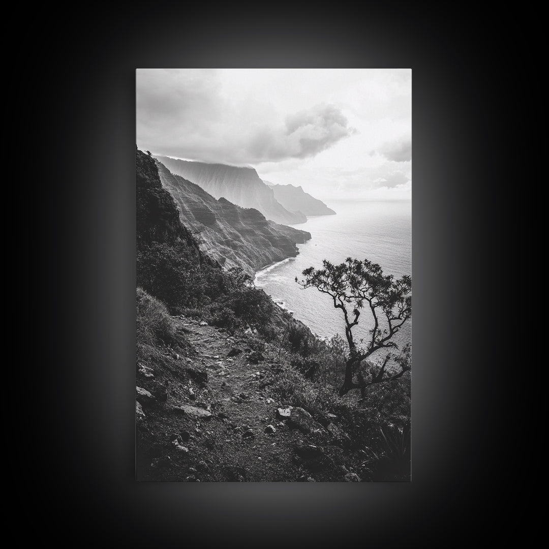 Coastal Cliff, Ocean Horizon, Hiking Trail, Framed Canvas Print, Nature Photography, Boho Wall Art, Living Room Decor, Minimalist Earth Tones