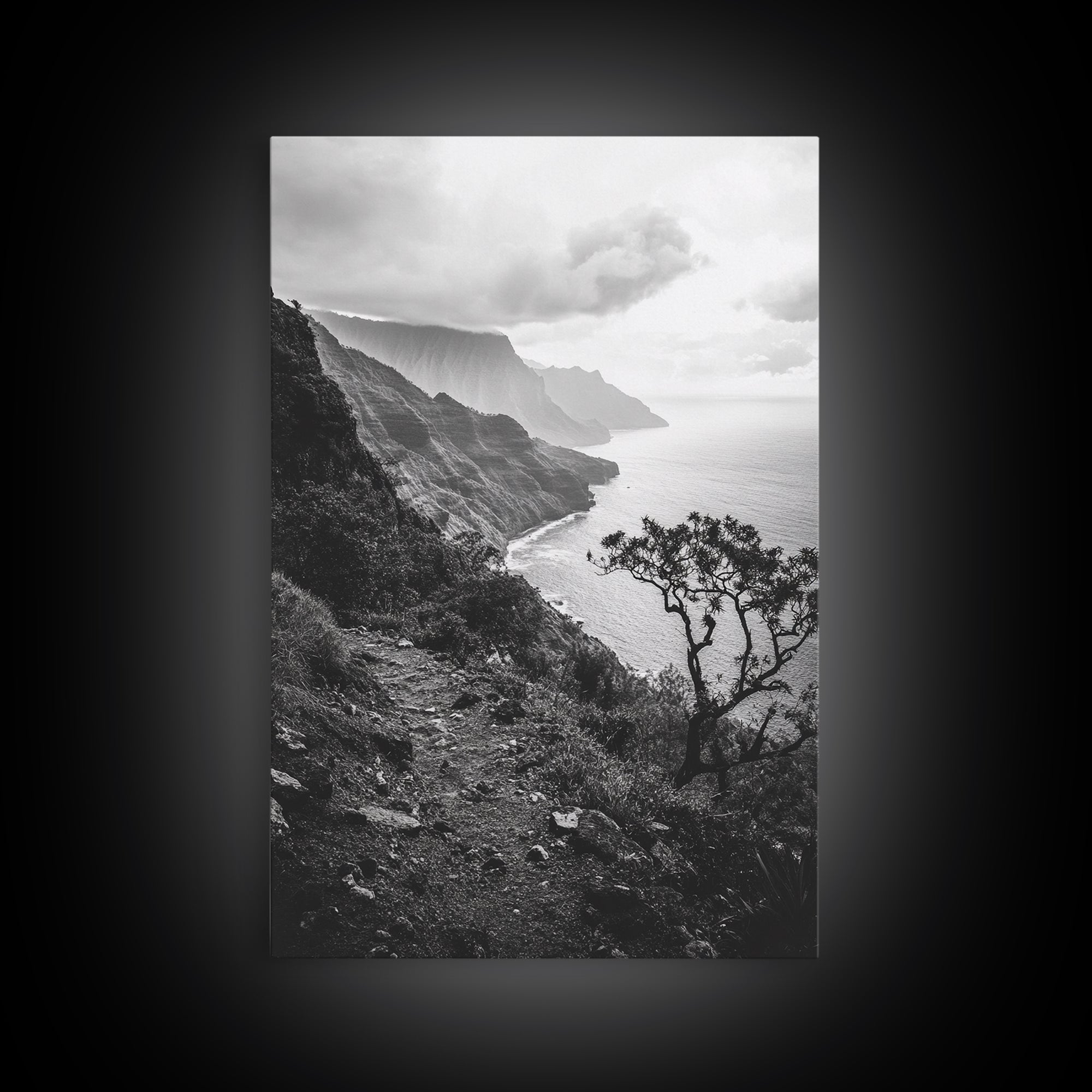 Coastal Cliff, Ocean Horizon, Hiking Trail, Framed Canvas Print, Nature Photography, Boho Wall Art, Living Room Decor, Minimalist Earth Tones