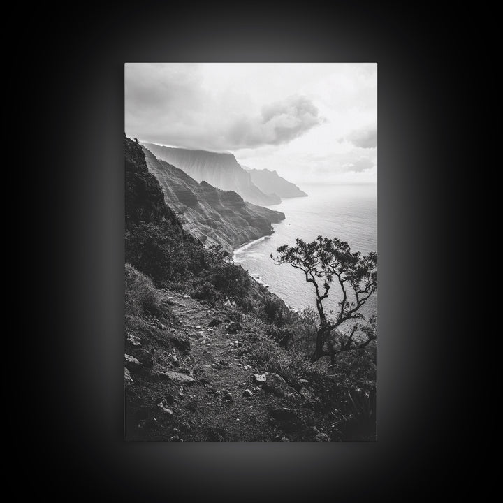 Coastal Cliff, Ocean Horizon, Hiking Trail, Framed Canvas Print, Nature Photography, Boho Wall Art, Living Room Decor, Minimalist Earth Tones