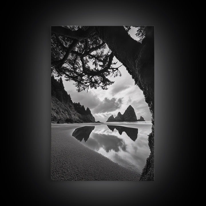Sea Stacks, Reflected Sky, Dramatic Coastline, Beach Landscape, Canvas Print, Living Room Wall Art, Nature Coastal Decor, moody ocean print