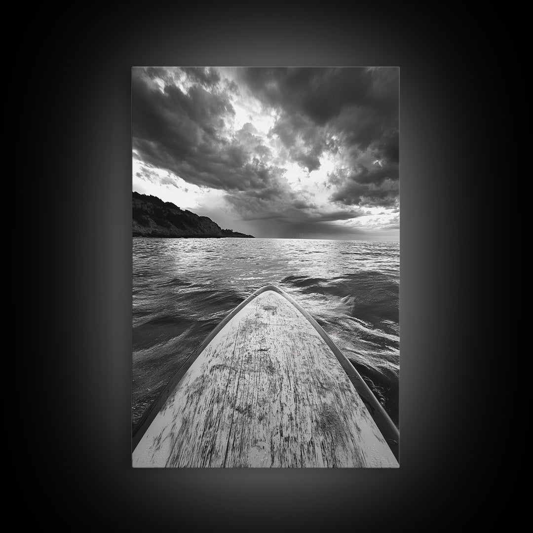 Stormy Sea, Paddle Board, Dramatic Sky, Ocean Adventure, Framed Canvas Print, Den Wall Art, Nautical Minimalist Decor, bedroom wall art