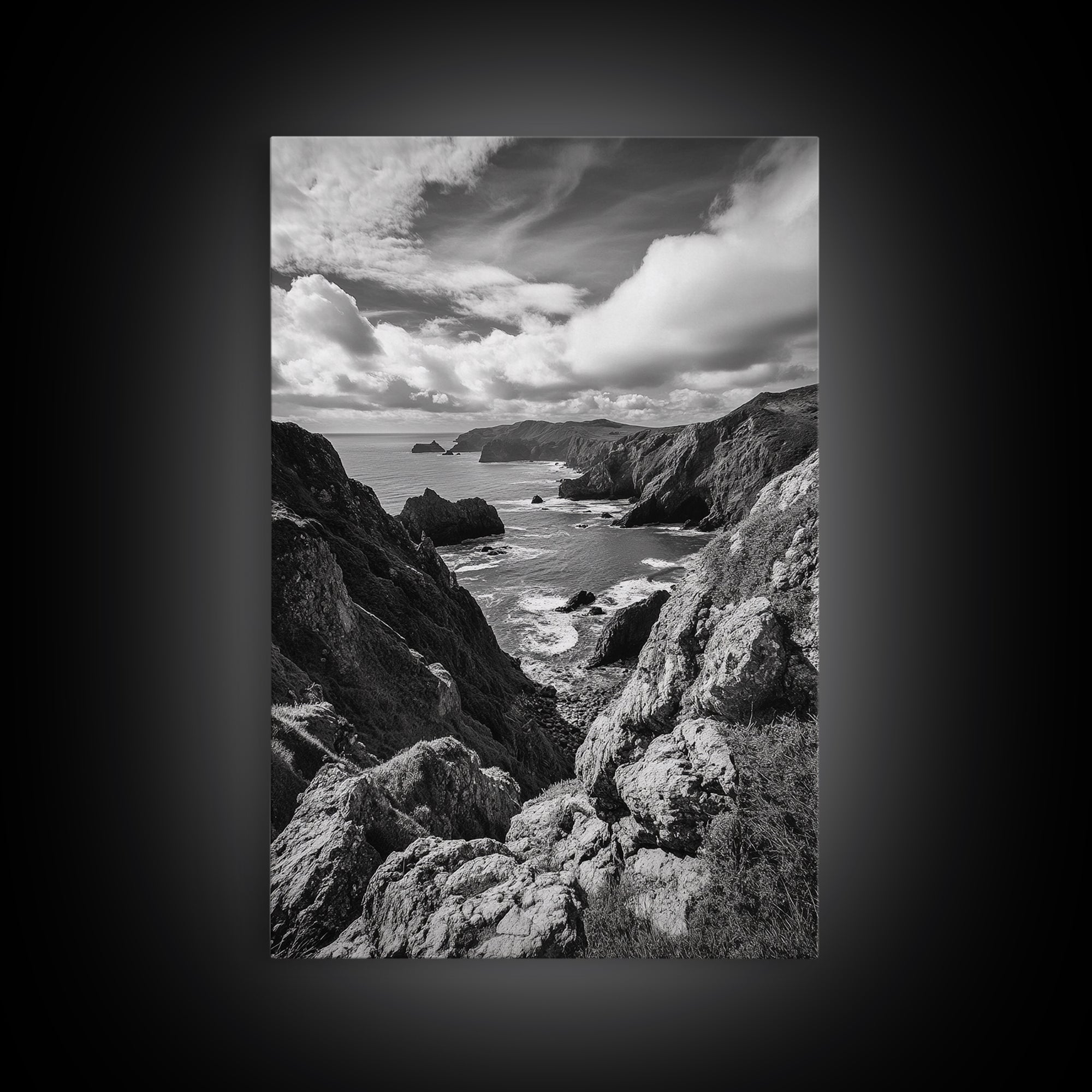 Rugged Cliffs, Ocean View, Coastal Escape, Framed Canvas Print, black and white coastal art, beach house wall decor, moody ocean print