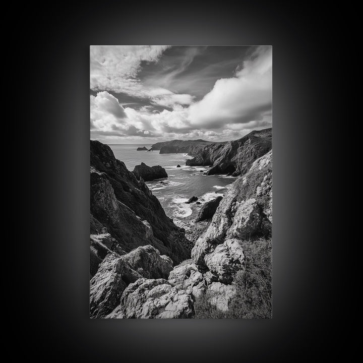 Rugged Cliffs, Ocean View, Coastal Escape, Framed Canvas Print, black and white coastal art, beach house wall decor, moody ocean print