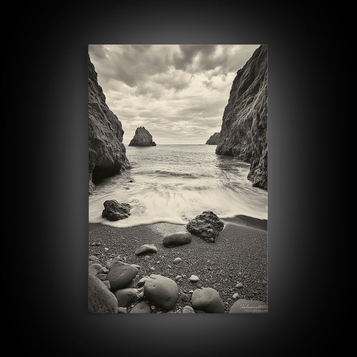Secluded Cove, Rocky Shoreline, Ocean Retreat, Canvas Print, neutral beach art, living room decor, coastal nature photography