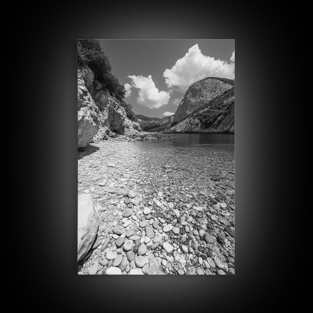 Rocky Beach, Crystal Water, Mountain Backdrop, Framed Canvas Print, tranquil lake art, minimalist decor, natural wall art