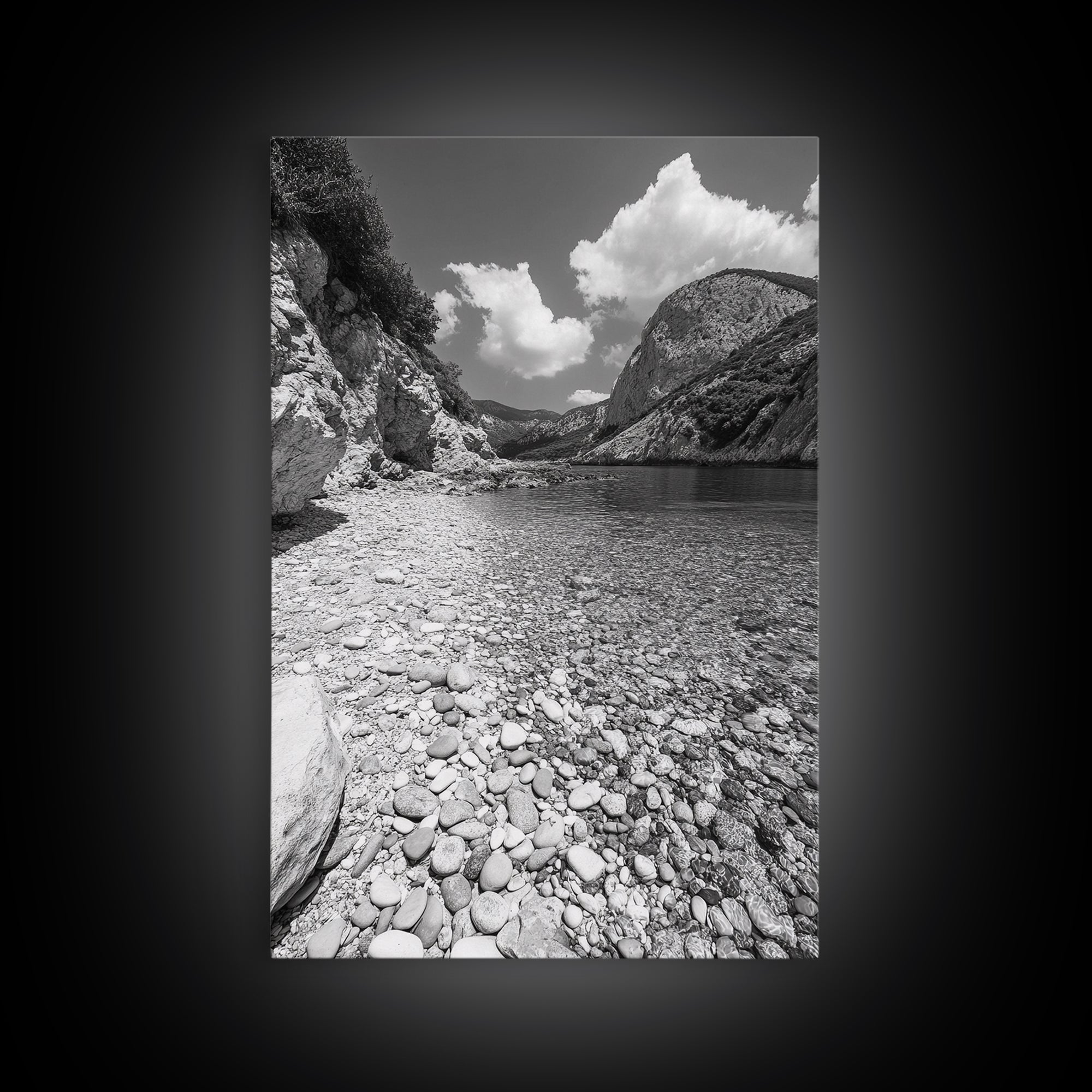 Rocky Beach, Crystal Water, Mountain Backdrop, Framed Canvas Print, tranquil lake art, minimalist decor, natural wall art