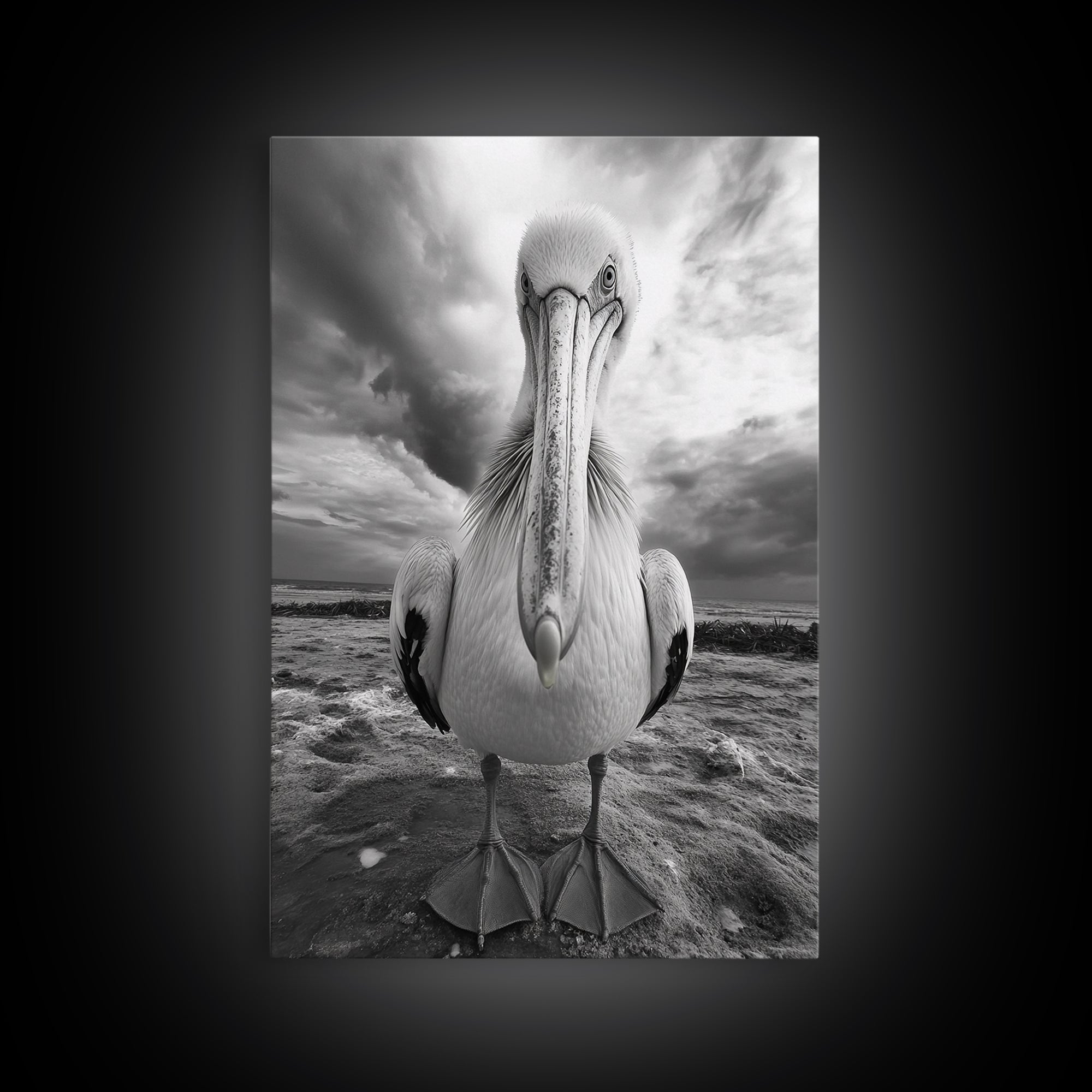 Bold Pelican, Coastal Storm, Bird Portrait, Canvas Print, wildlife wall art, beach house decor, dramatic black and white animal art