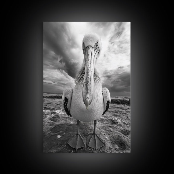 Bold Pelican, Coastal Storm, Bird Portrait, Canvas Print, wildlife wall art, beach house decor, dramatic black and white animal art