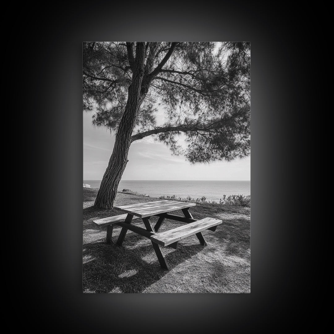 Seaside Bench, Peaceful Escape, Shaded Picnic, Canvas Print, nature photography, coastal wall art, relaxing ocean decor, Minimalist Decor