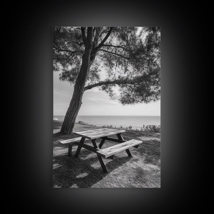 Seaside Bench, Peaceful Escape, Shaded Picnic, Canvas Print, nature photography, coastal wall art, relaxing ocean decor, Minimalist Decor