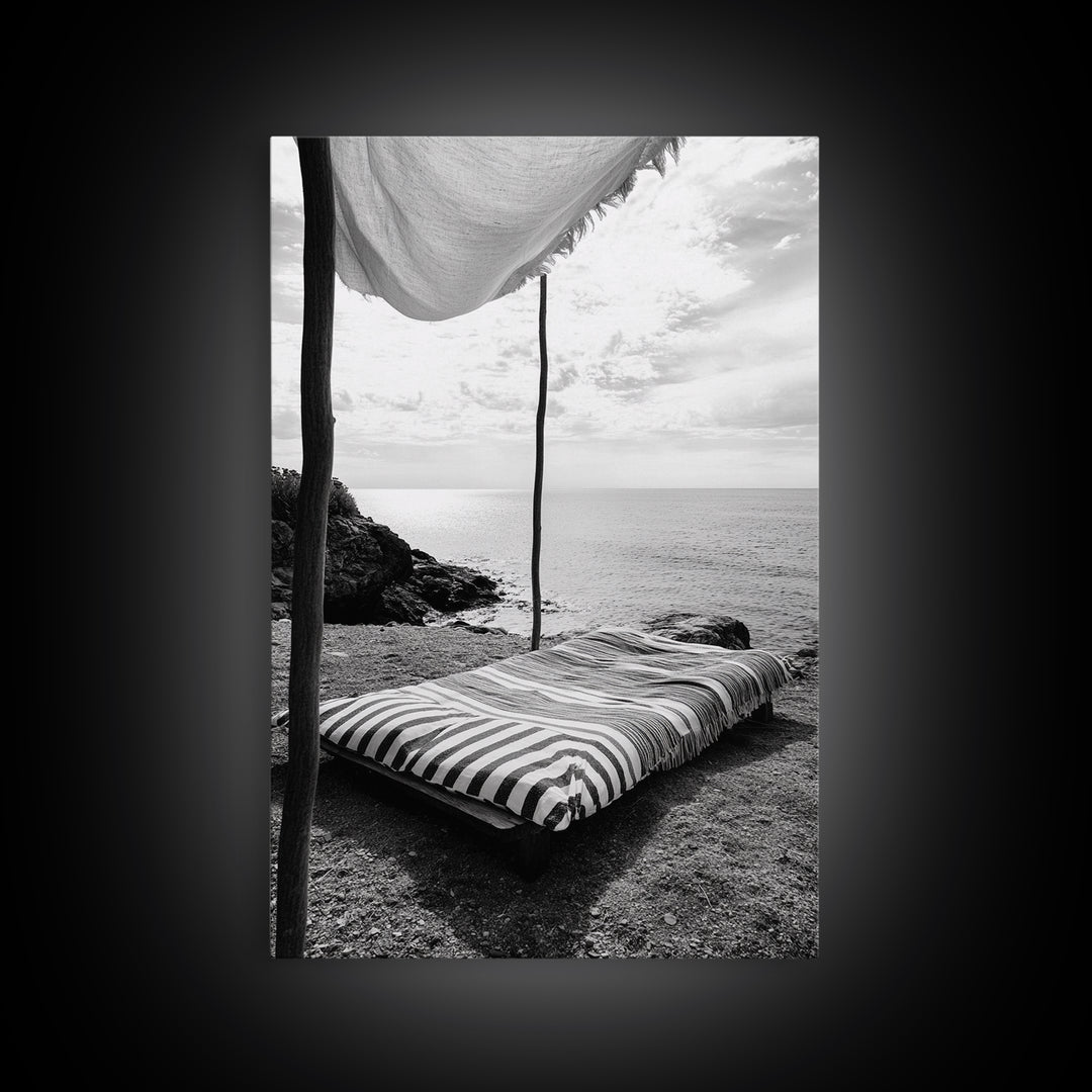 Seaside Nap, Minimal Daybed, Coastal Shade, Serene Moment, Canvas Print, Beach Bedroom Decor, Boho Seaside Art, Coastal Wall Style