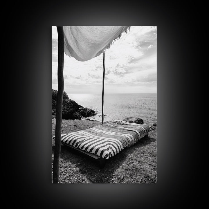 Seaside Nap, Minimal Daybed, Coastal Shade, Serene Moment, Canvas Print, Beach Bedroom Decor, Boho Seaside Art, Coastal Wall Style