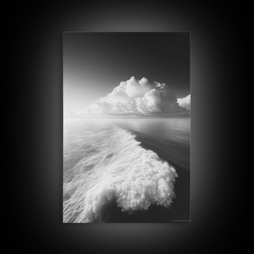 Ocean Wake, Cloud Horizon, Surreal Seascape, Framed Canvas Print, Dreamy Black White Wall Art, Bathroom Decor, Coastal Fantasy Art