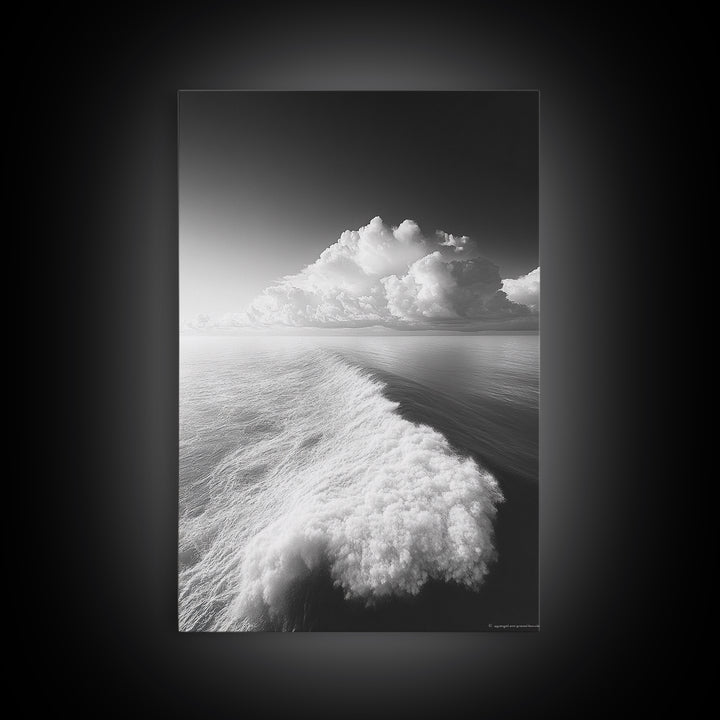 Ocean Wake, Cloud Horizon, Surreal Seascape, Framed Canvas Print, Dreamy Black White Wall Art, Bathroom Decor, Coastal Fantasy Art