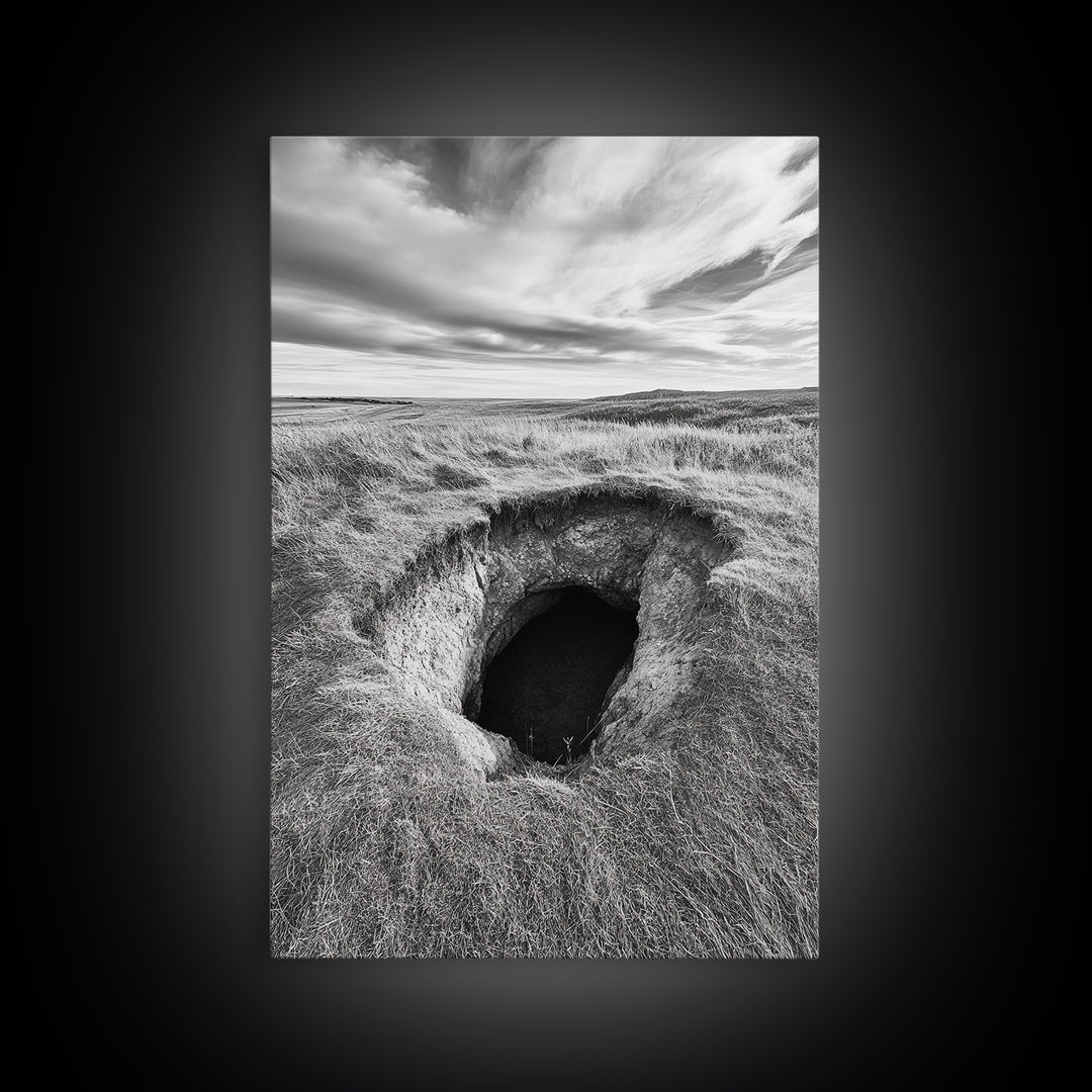 Burrow Entrance, Hidden Hole, Grassland Tunnel, Canvas Print, Nature Wall Art, Living Room Decor, Black White Landscape Photography