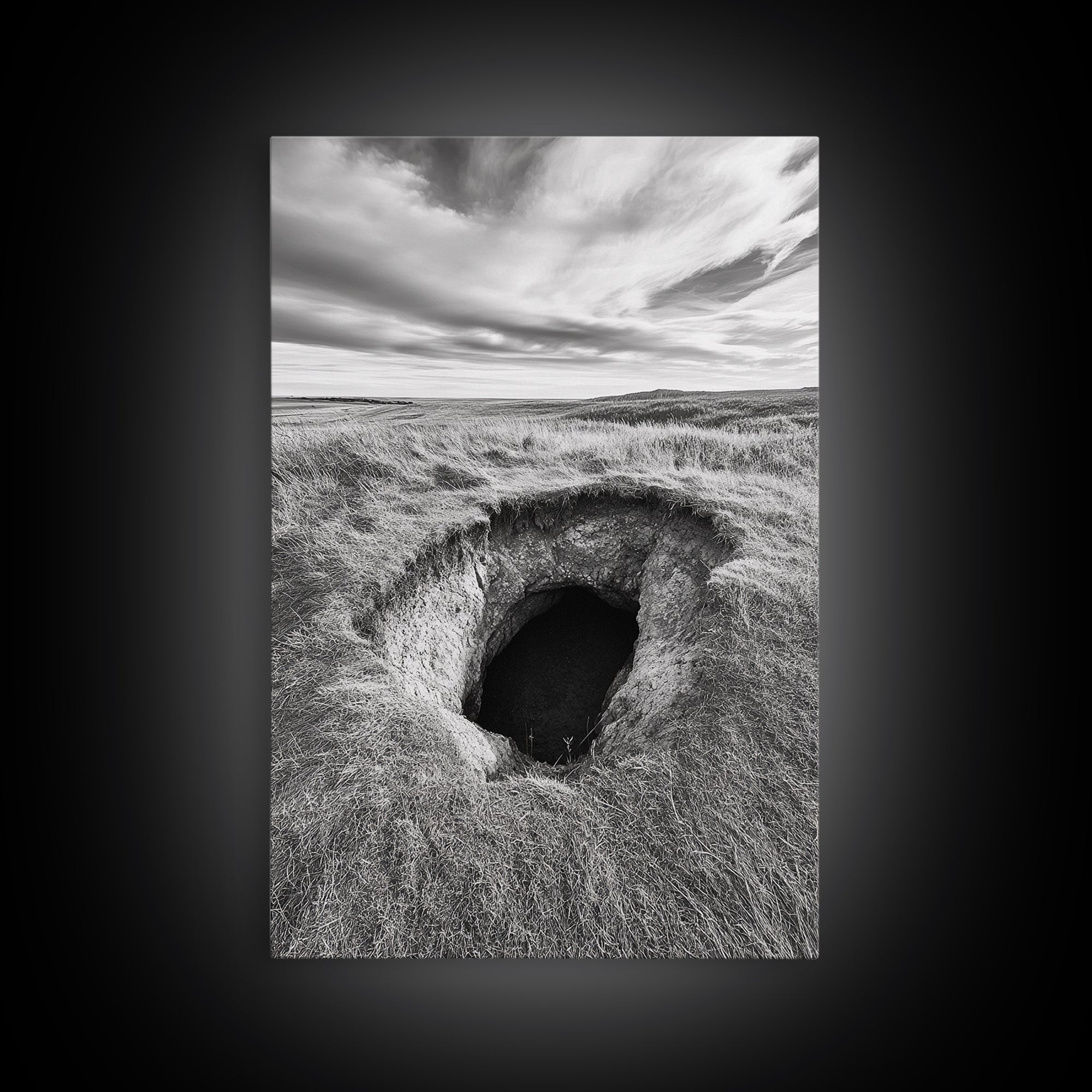 Burrow Entrance, Hidden Hole, Grassland Tunnel, Canvas Print, Nature Wall Art, Living Room Decor, Black White Landscape Photography