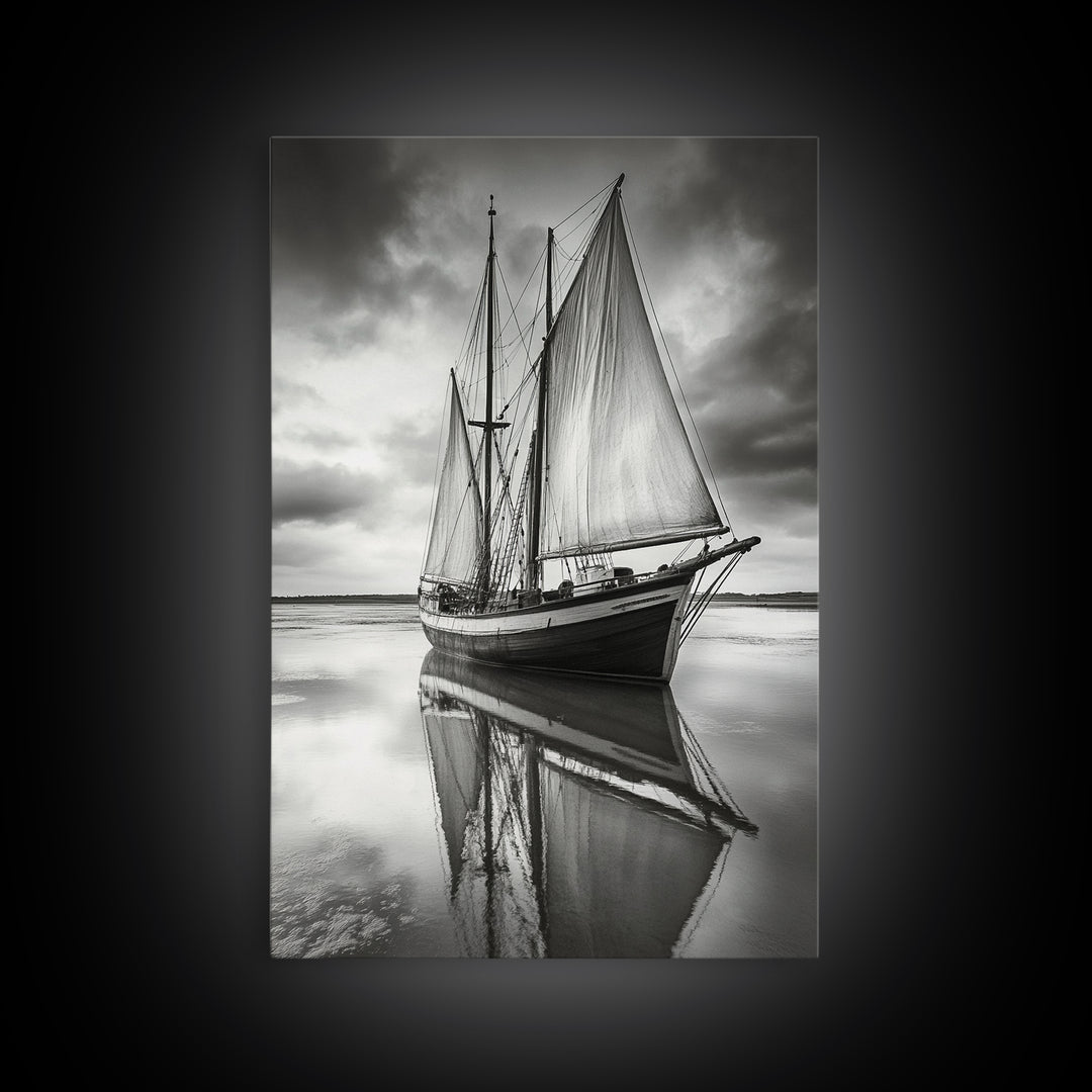 Sailboat Reflections, Calm Waters, Stormy Sky, Canvas Print, Nautical Wall Art, Office or Den Decor, Classic Maritime Photography