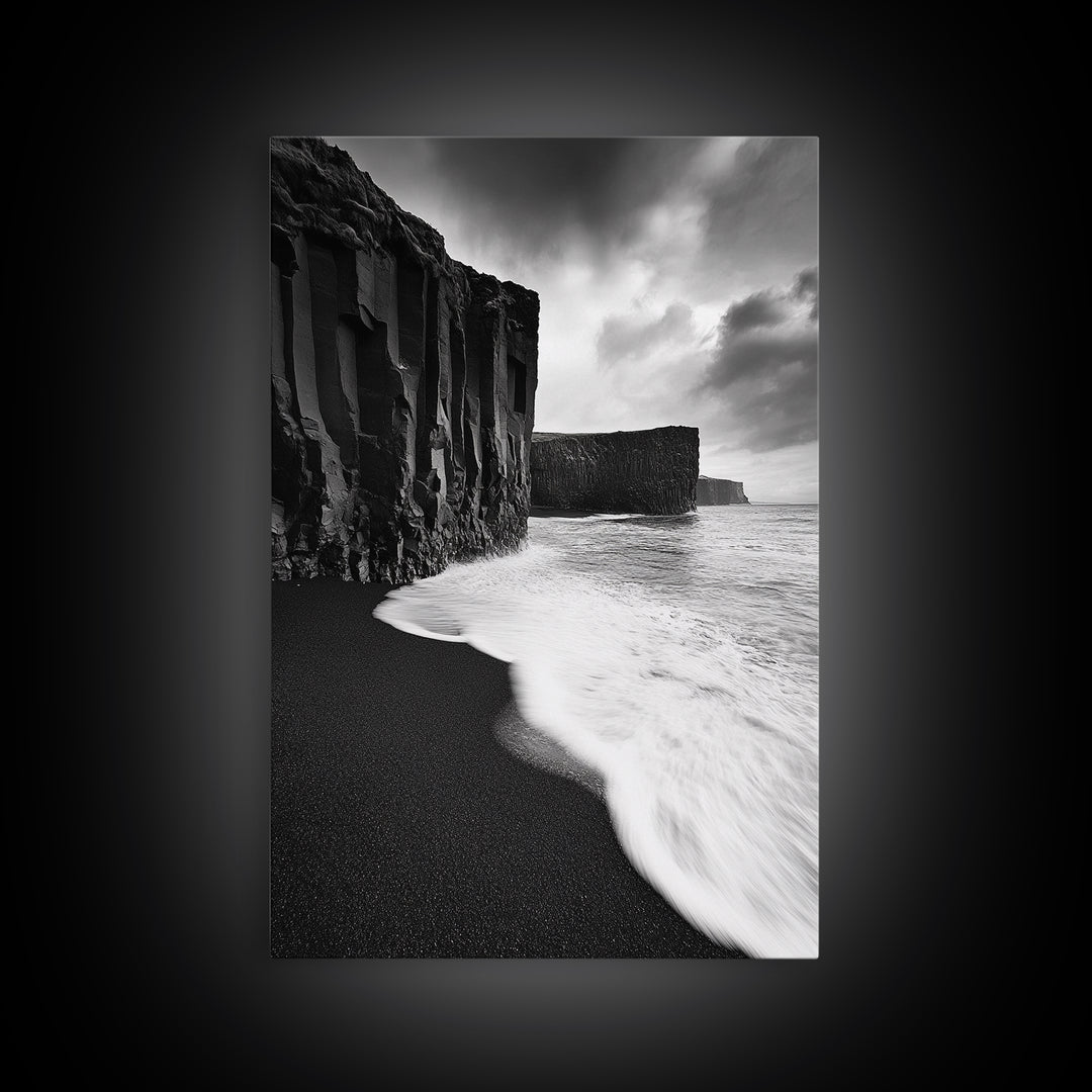 Ocean Cliffs, Black Sand, Moody Coast, Rugged Shoreline, Framed Canvas Print, Icelandic Wall Art, Adventure Decor, Modern Nature Art