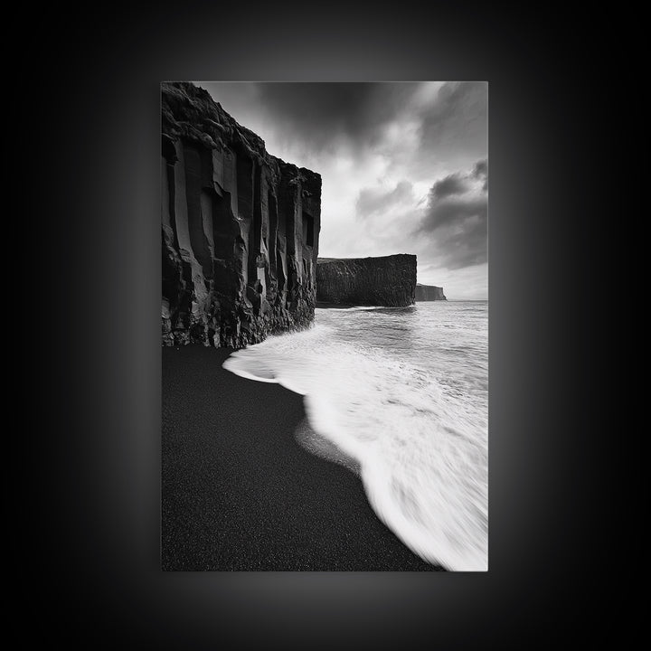 Ocean Cliffs, Black Sand, Moody Coast, Rugged Shoreline, Framed Canvas Print, Icelandic Wall Art, Adventure Decor, Modern Nature Art