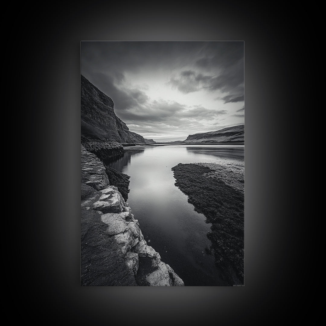 River Gorge, Twilight Reflections, Cliffside Calm, Canvas Print, Moody Black White Wall Art, Bedroom or Office Decor, Dramatic Landscape