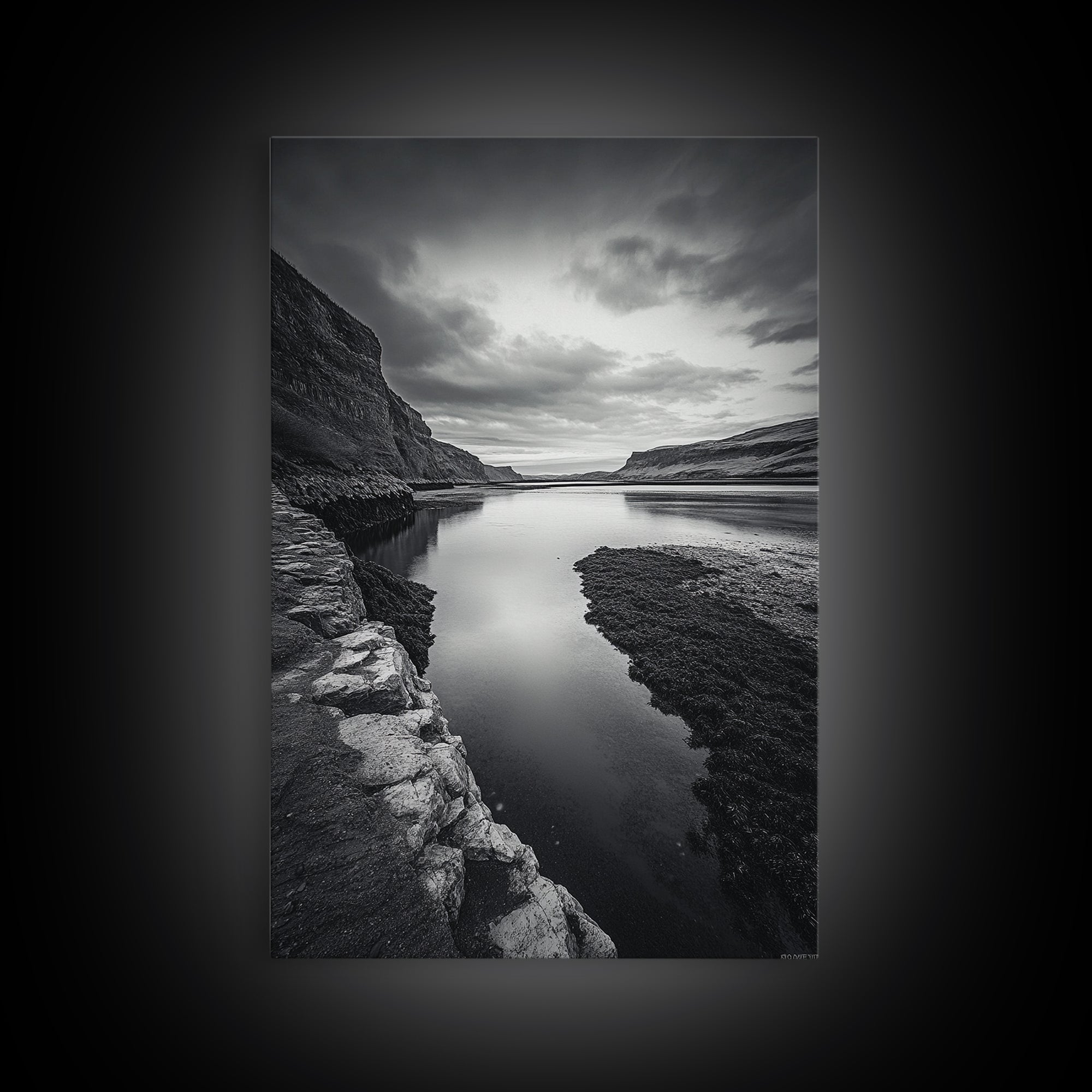 River Gorge, Twilight Reflections, Cliffside Calm, Canvas Print, Moody Black White Wall Art, Bedroom or Office Decor, Dramatic Landscape