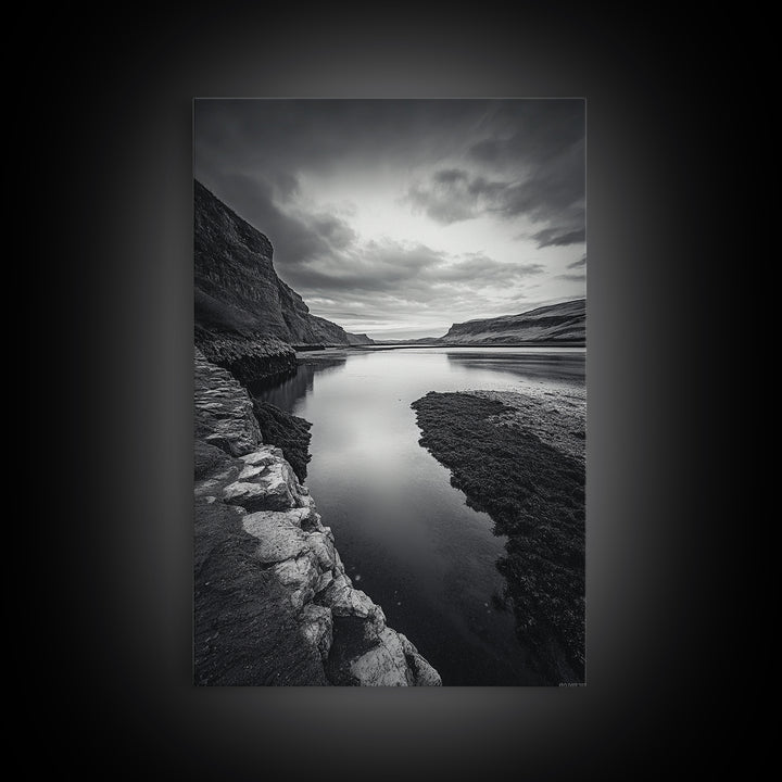 River Gorge, Twilight Reflections, Cliffside Calm, Canvas Print, Moody Black White Wall Art, Bedroom or Office Decor, Dramatic Landscape