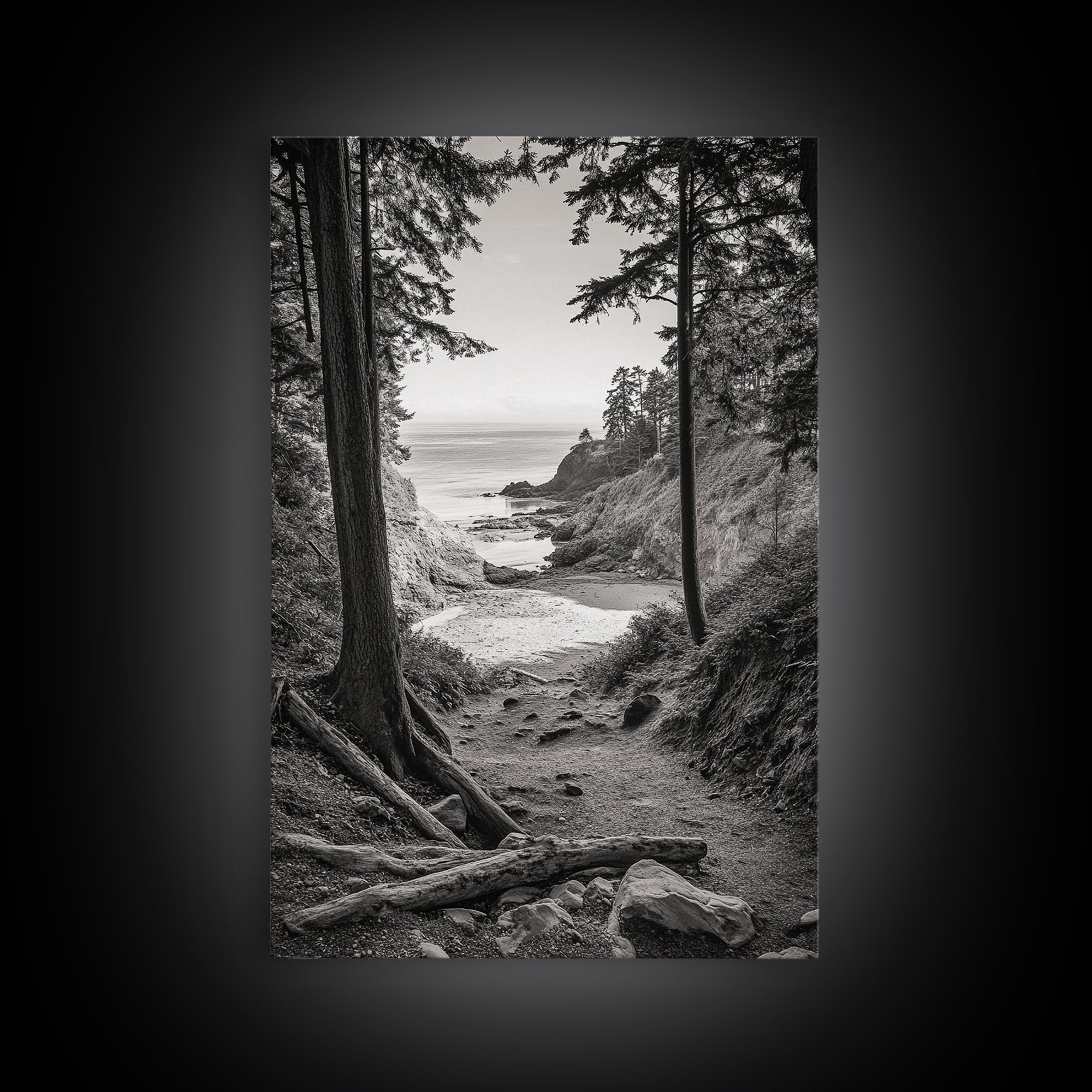 orest Cove, Ocean View, Pacific Trail, Framed Canvas Print, Coastal Nature Wall Art, Entryway Decor, Earthy Minimalist Photography