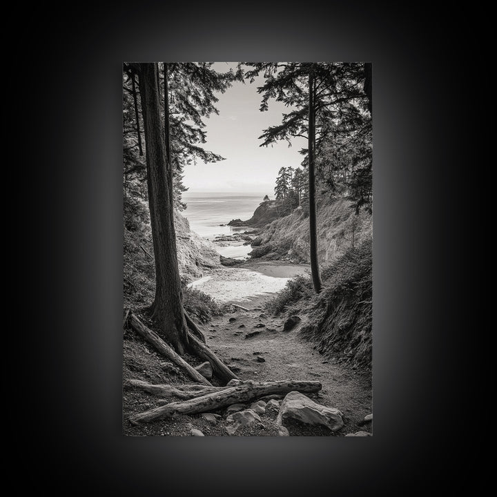 orest Cove, Ocean View, Pacific Trail, Framed Canvas Print, Coastal Nature Wall Art, Entryway Decor, Earthy Minimalist Photography