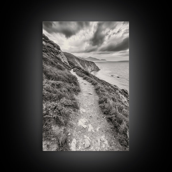 Cliffside Path, Coastal Trail, Ocean Escape, Canvas Print, Moody Landscape Wall Art, Living Room Decor, Adventure Travel Aesthetic