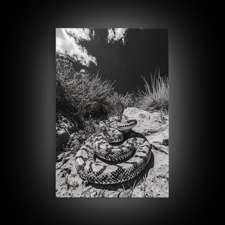 Coiled Snake, Desert Predator, Wild Reptile, Framed Canvas Print, Nature Wildlife Art, Den or Office Decor, Monochrome Animal Photography