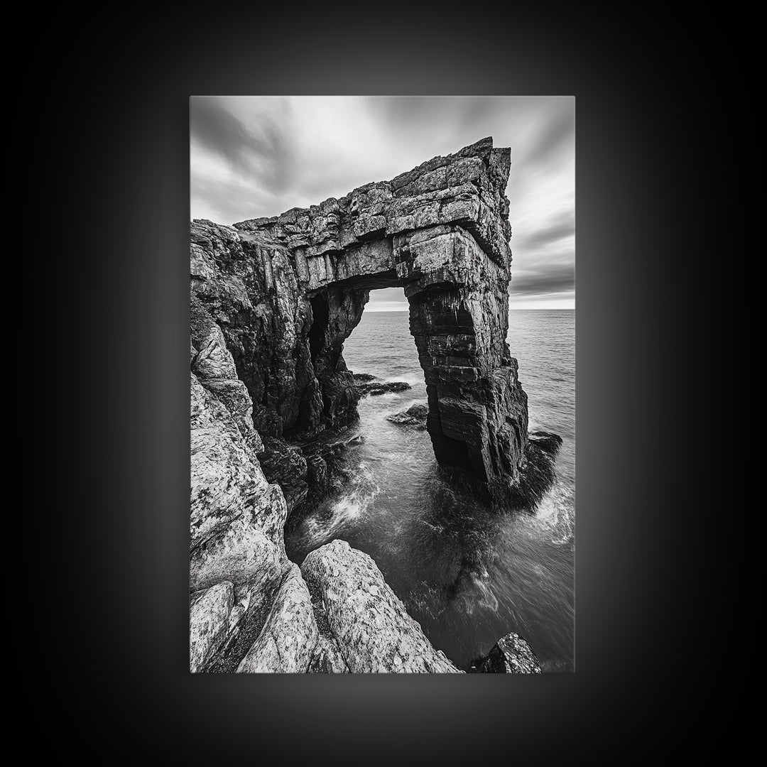 Sea Arch, Coastal Rock, Ocean Cliffside, Canvas Print, Dramatic Nature Wall Art, Living Room or Office Decor, Black White Seascape