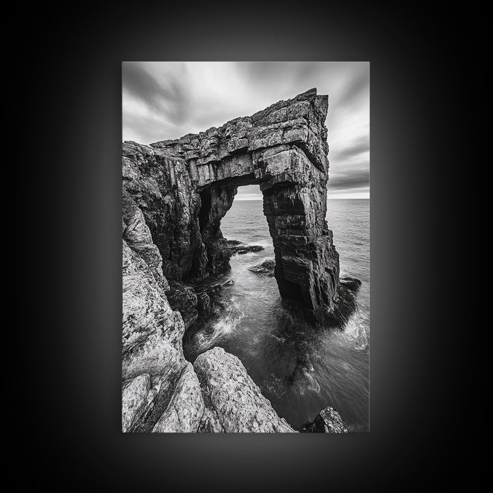 Sea Arch, Coastal Rock, Ocean Cliffside, Canvas Print, Dramatic Nature Wall Art, Living Room or Office Decor, Black White Seascape