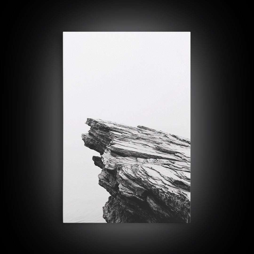 Weathered Cliffside, Coastal Rock, Modern Minimalism, Nature Decor, Framed Canvas Print, Neutral Tones, Office Wall Art, Beachy Aesthetic