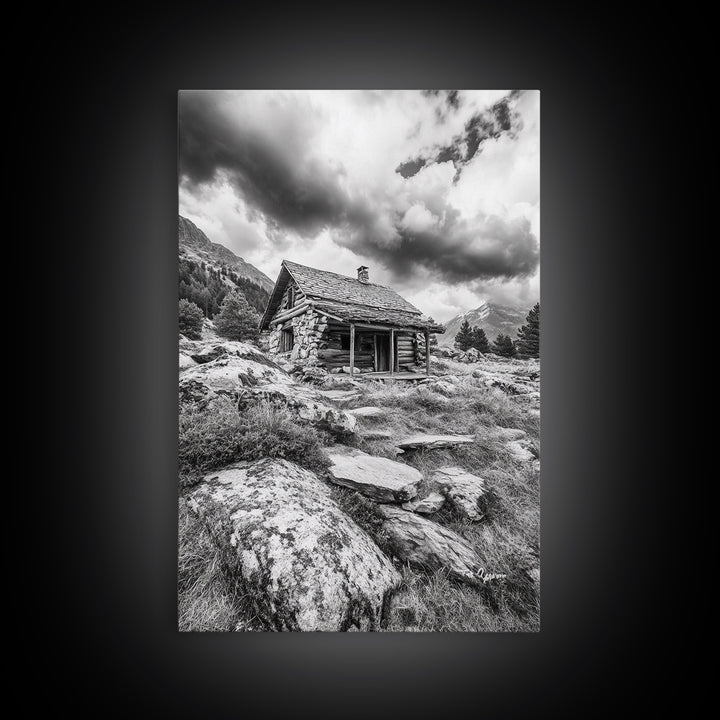 Rustic Cabin, Mountain Hideaway, Stormy Sky, Nature Lodge Decor, Framed Canvas Print, Autumn Vibes, Cozy Wall Art, Rustic Home Style