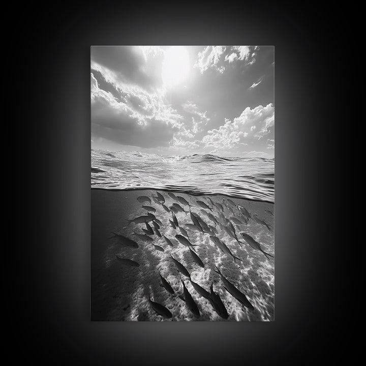 Underwater Scene, School of Fish, Ocean Photography, Split Shot Water, Framed Canvas Print, Bathroom Wall Art, Coastal Decor